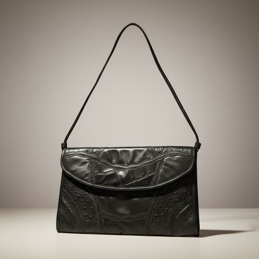 Caprice Vintage Black Leather Clutch Over Shoulder Cross Body Bag 80s